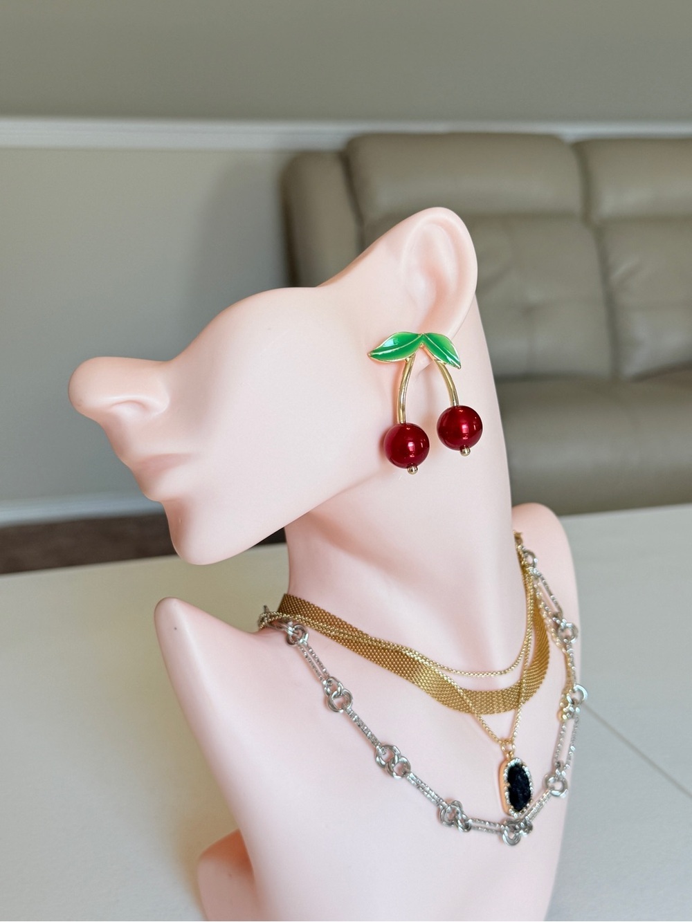 Cherry Drop Dangle Earrings in Red and Green